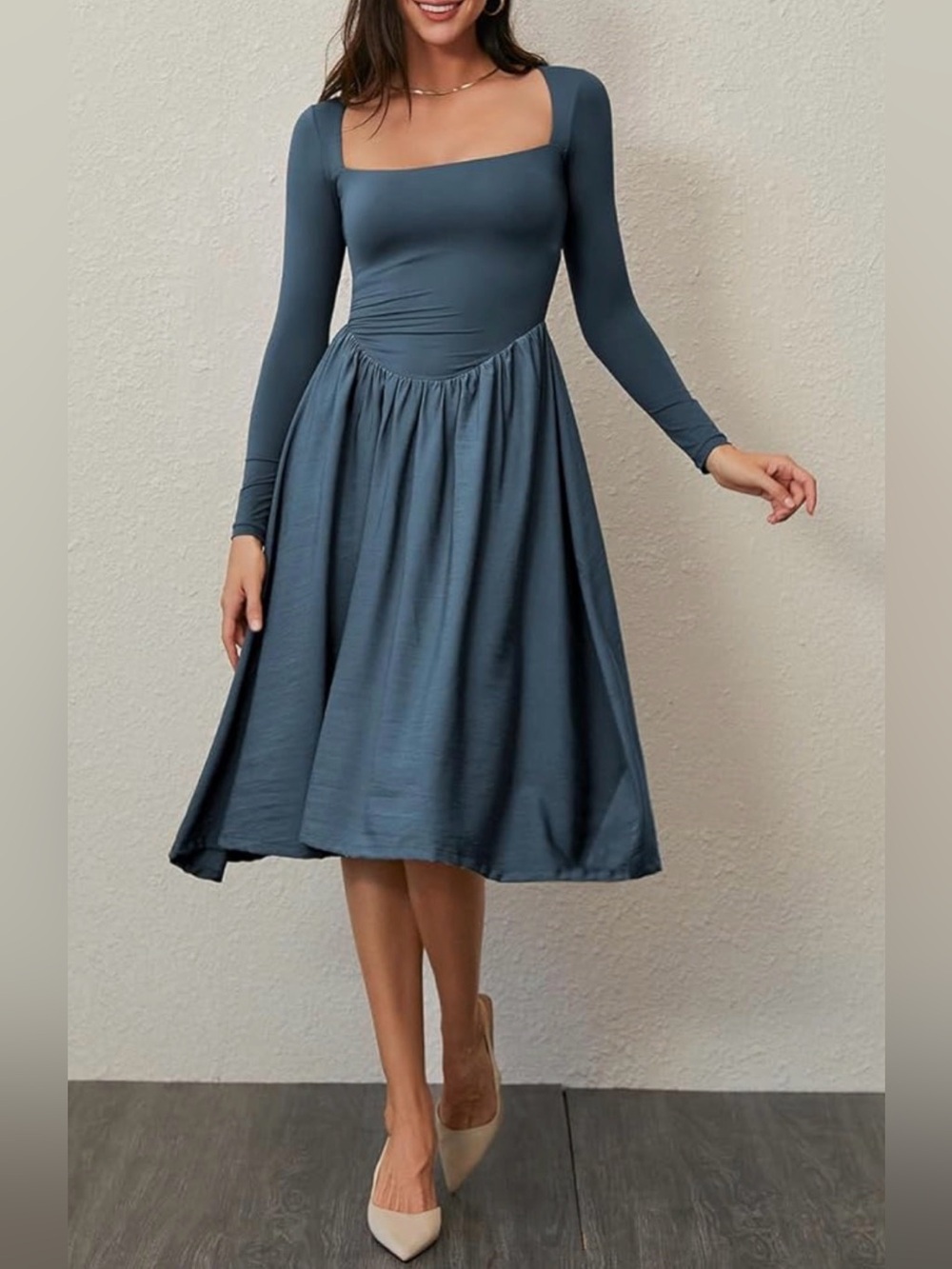 Square-Neck Long Sleeve Midi Dress in Slate Blue